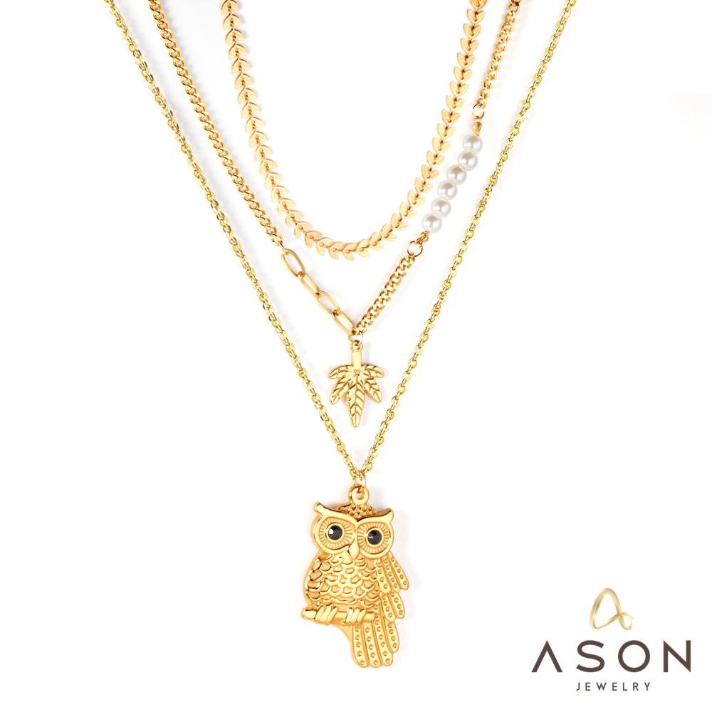 ASON Gold Color Stainless Steel Owl Pendant Necklace Multi-layer Choker with Imitation Pearl for Women Jewelry Gift asonjewelry